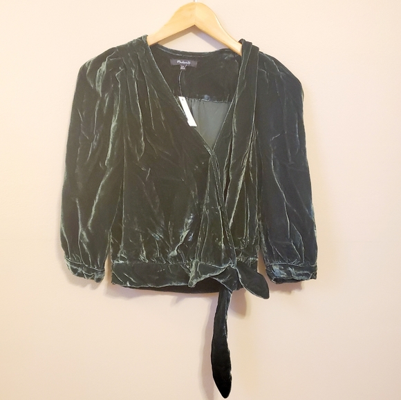 NWT Madewell crushed velvet wrap top in emerald - Picture 3 of 7